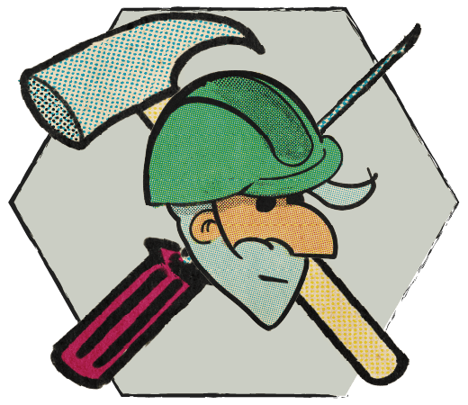 Cartoon image of Dave in construction hat.